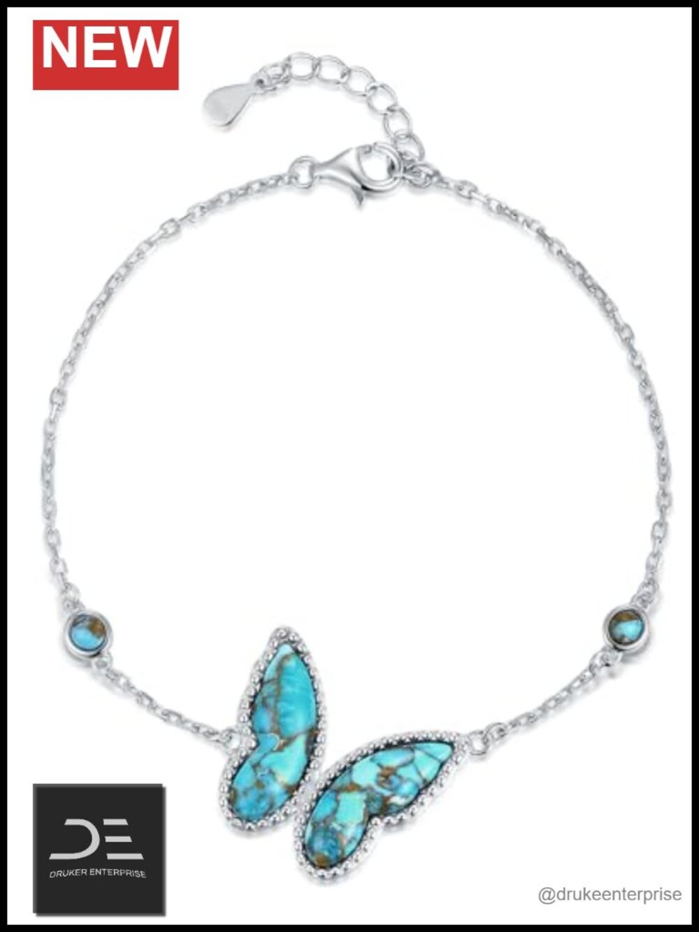 Sterling Silver Turquoise Butterfly Charm Bracelet Adjustable Boho Jewelry Gift